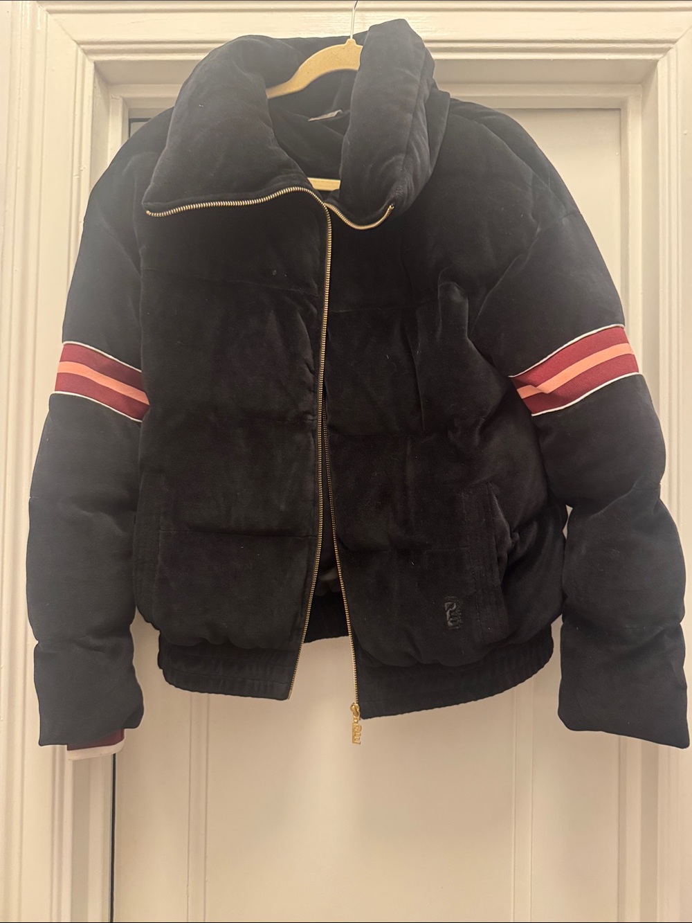 P.E Nation for SoulCycle Black Puffer Jacket with Maroon and Pink Sleeve Stripe